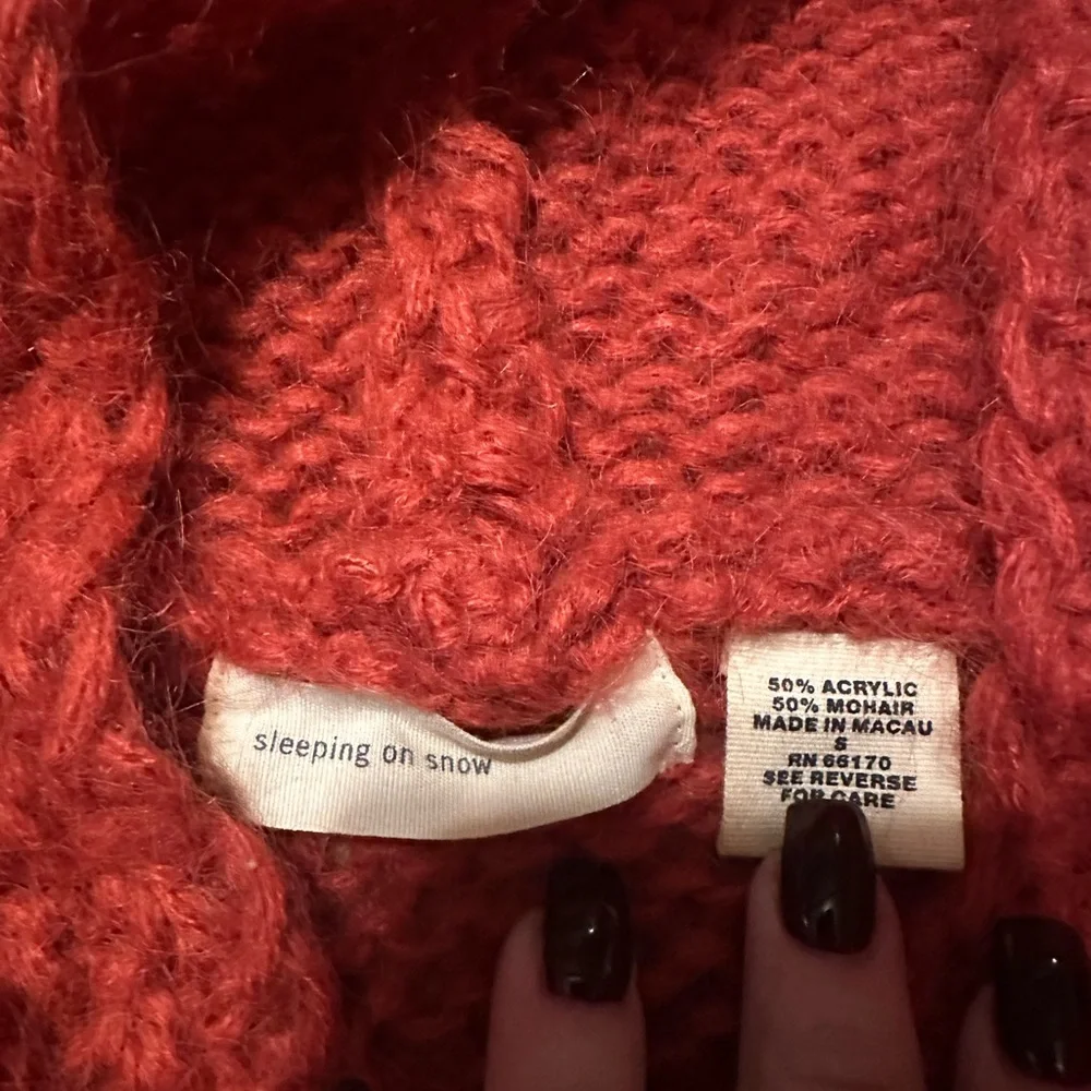 Sleeping on Snow Anthropologie Mohair Hooded Cable Knit Cardigan Sweater Red S